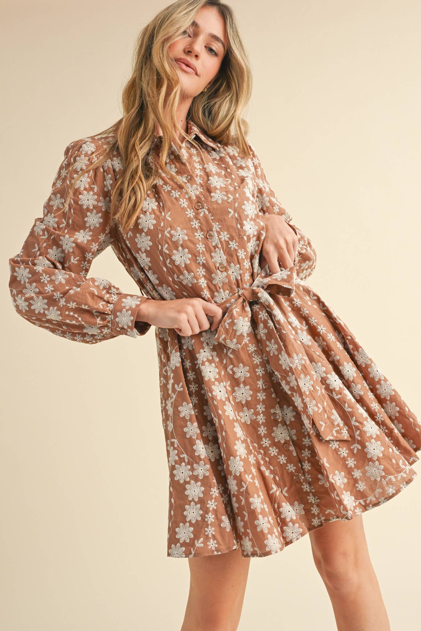 FLORAL EMBROIDERY BUTTON DOWN FLARED MINI DRESS