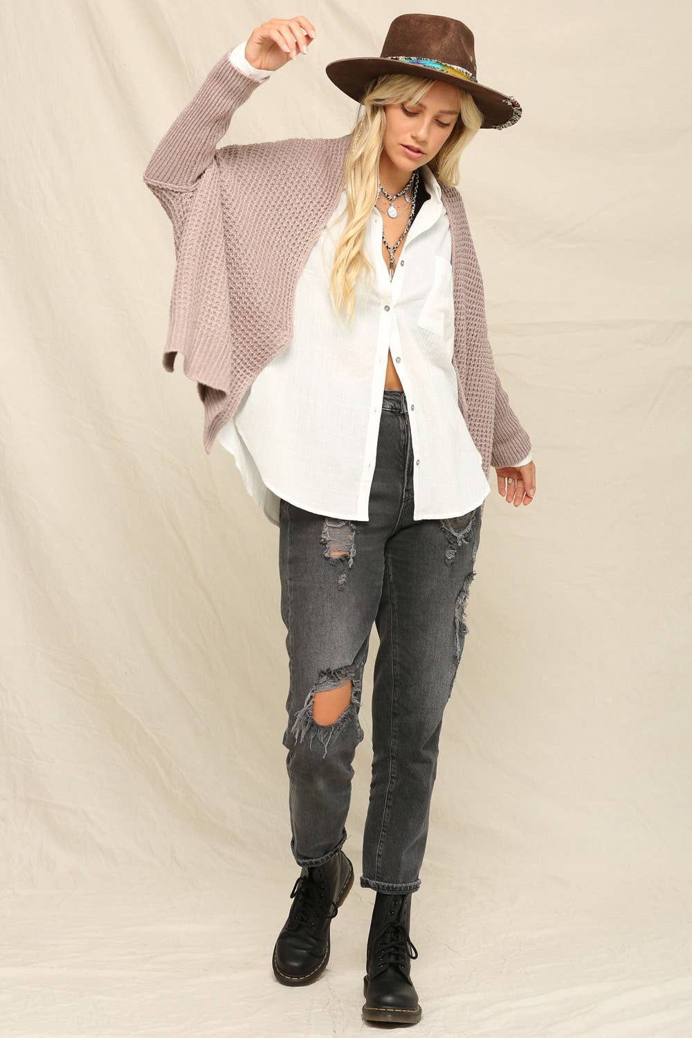 Versatile Waffle-Stitch Open Front Cardigan: Mocha