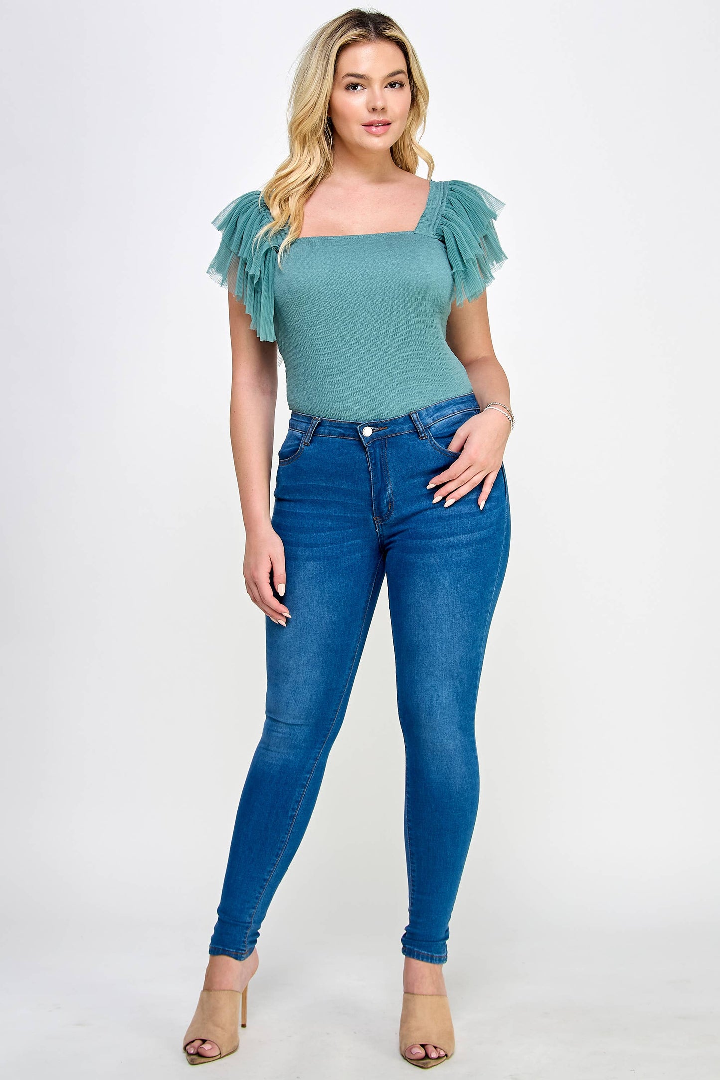 Plus Size Smocked Bodysuit with Tulle Sleeves: Smokey Sage