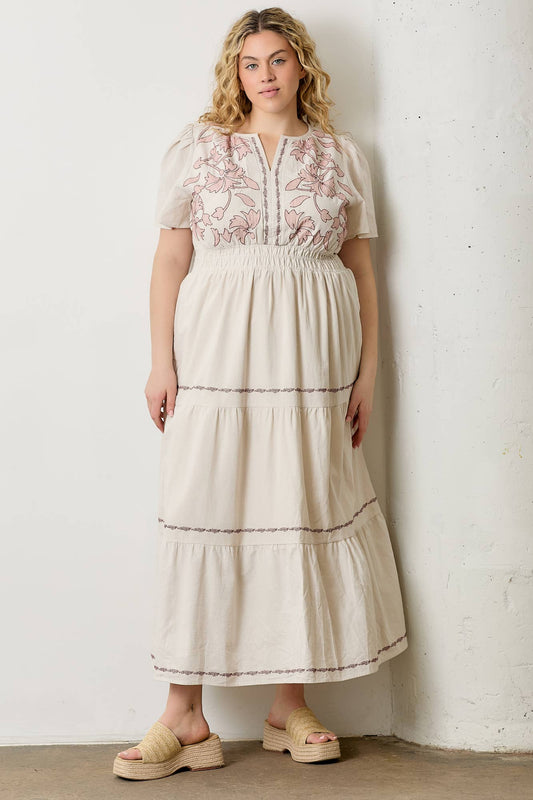 PLUS EMBROIDED FLORAL TIERED DRESS
