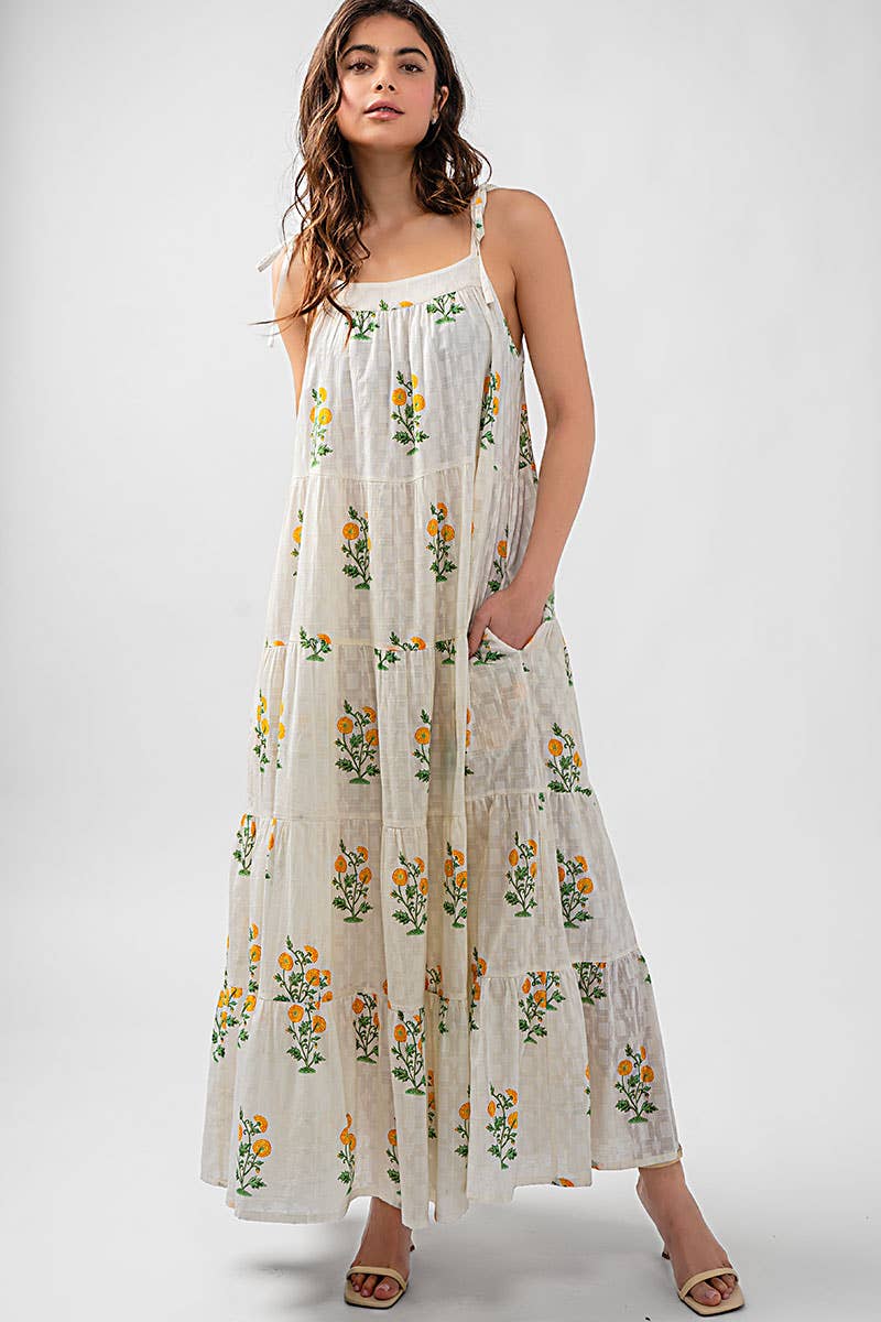 Romantic Tiered Floral Cotton Maxi Dress