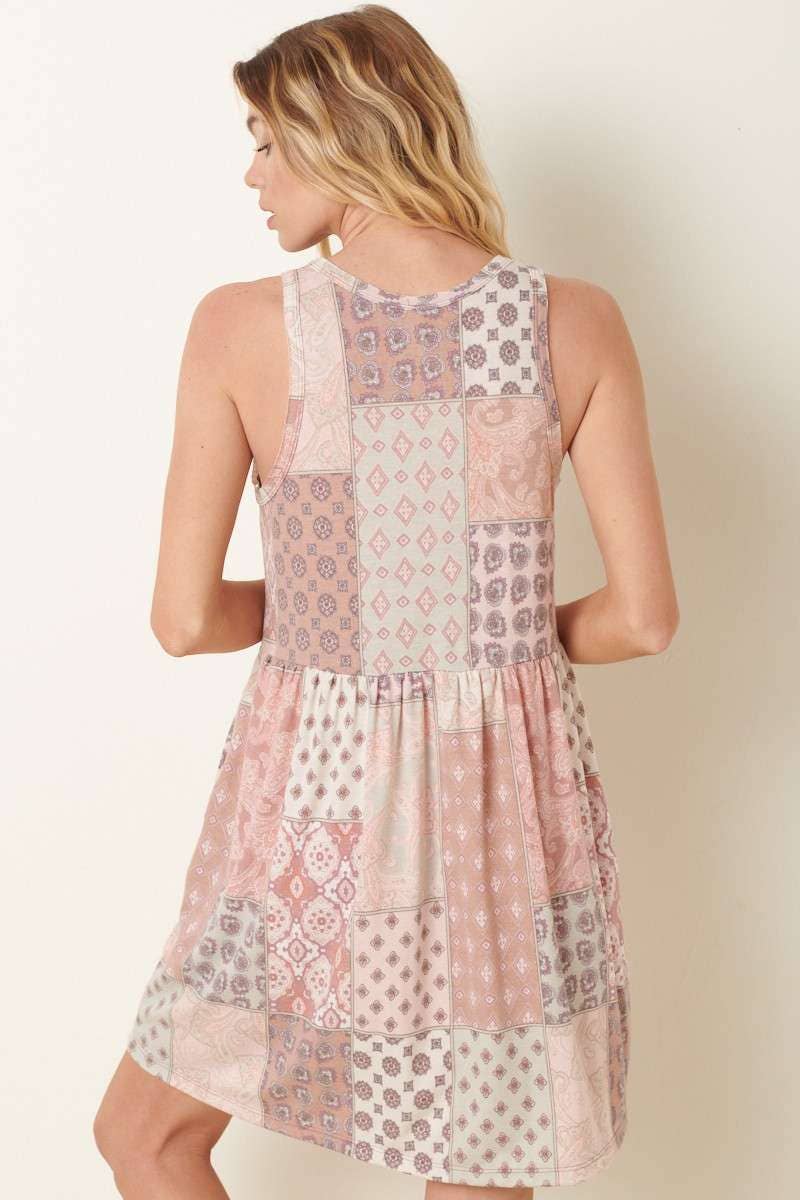 PATCH PRINT BABYDOLL MINI DRESS