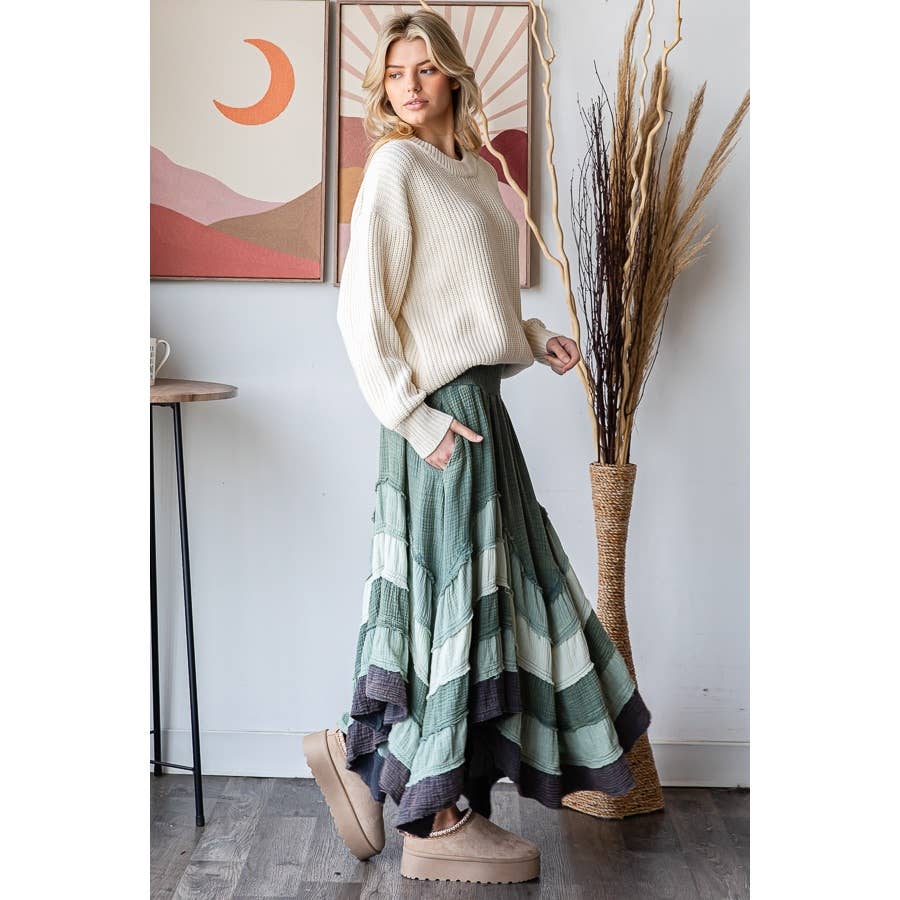 TIERED FLARE HEM SKIRT: SAGE