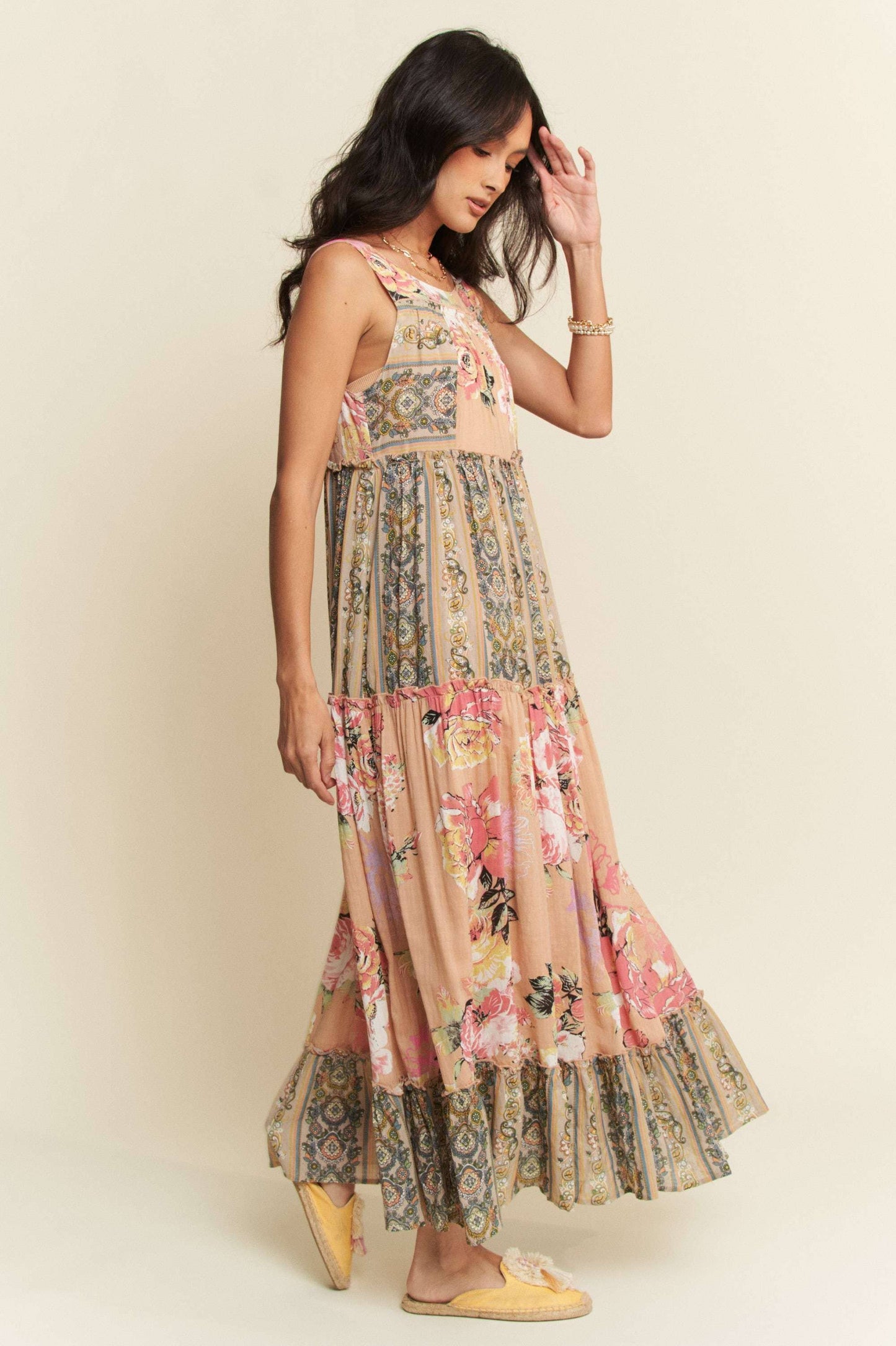 FLORAL BOHO STRIPE DRESS: PINK BEIGE - PLUS ONLY
