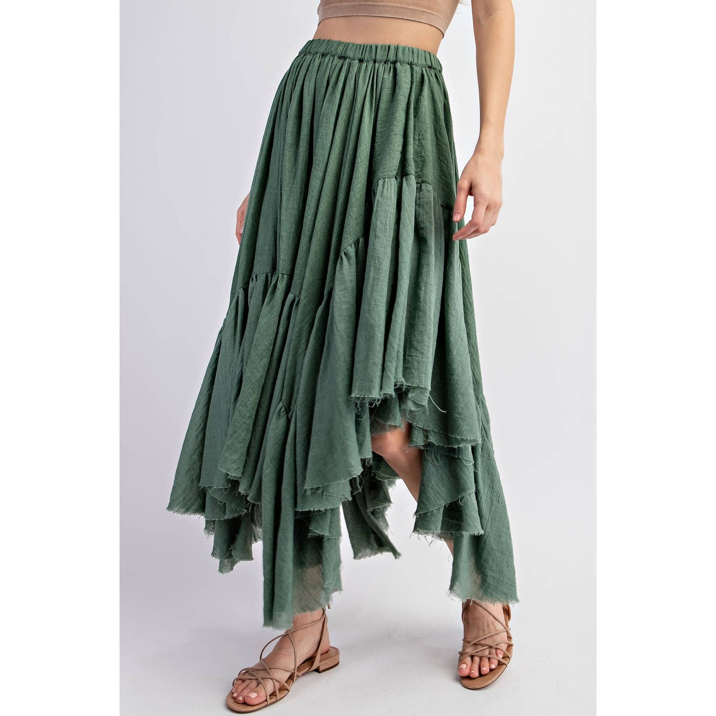 ASYMMETRICAL RAW-EDGE RUCHED UNEVEN HEMLINE SKIRT: Olive