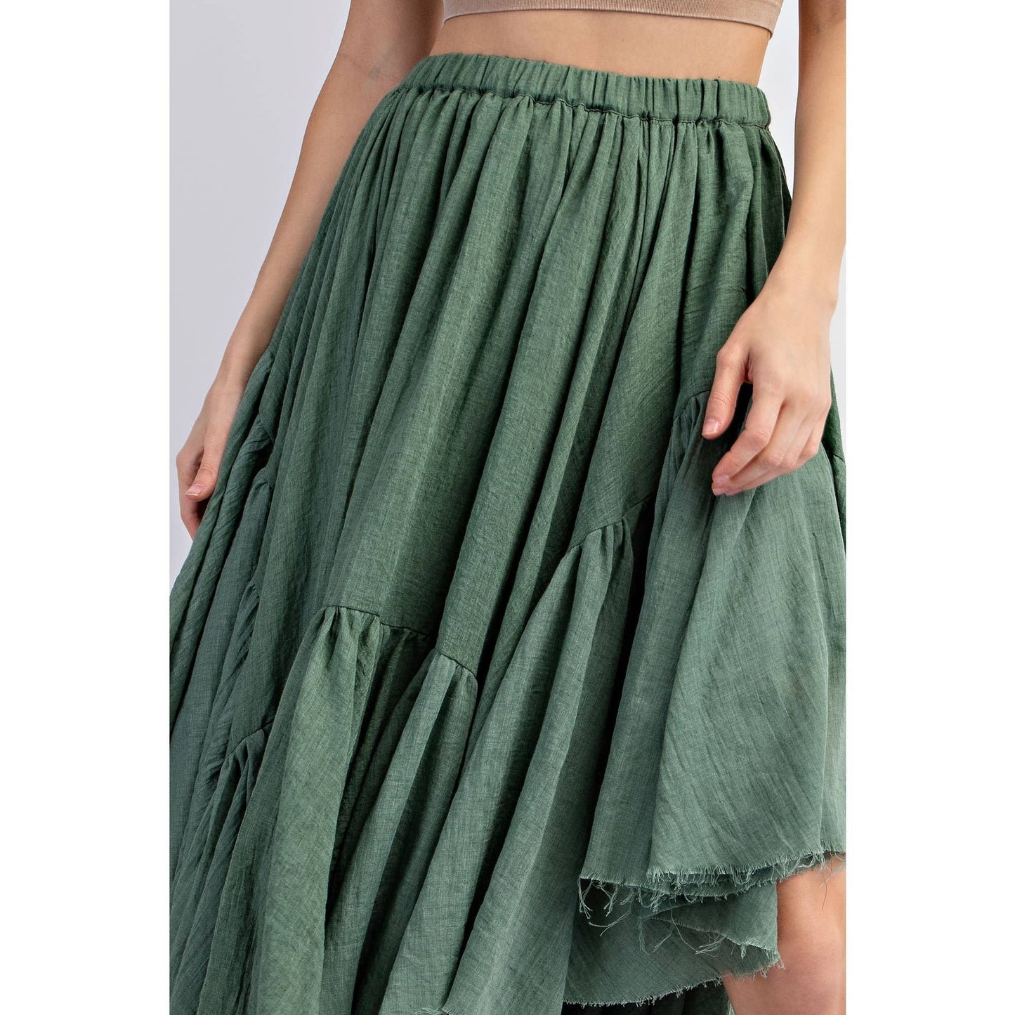 ASYMMETRICAL RAW-EDGE RUCHED UNEVEN HEMLINE SKIRT: Olive
