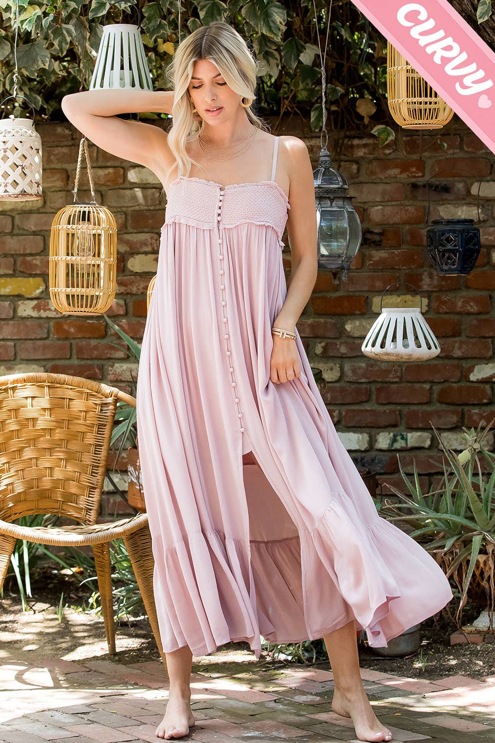 SILK SMOCKED BUTTON-DOWN MAXI DRESS: MAUVE / Plus Size Only