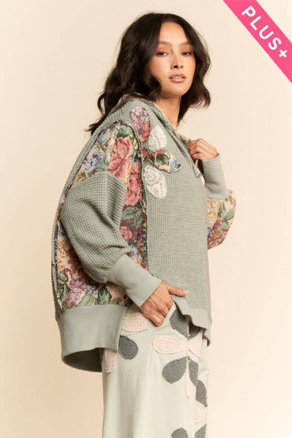 PLUS WAFFLE KNIT PATCHWORK HOODIE