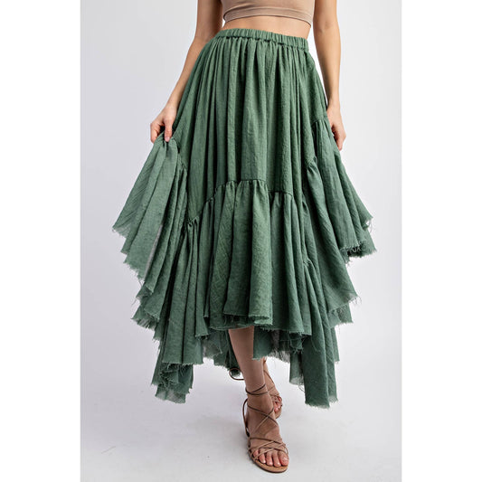 ASYMMETRICAL RAW-EDGE RUCHED UNEVEN HEMLINE SKIRT: Olive