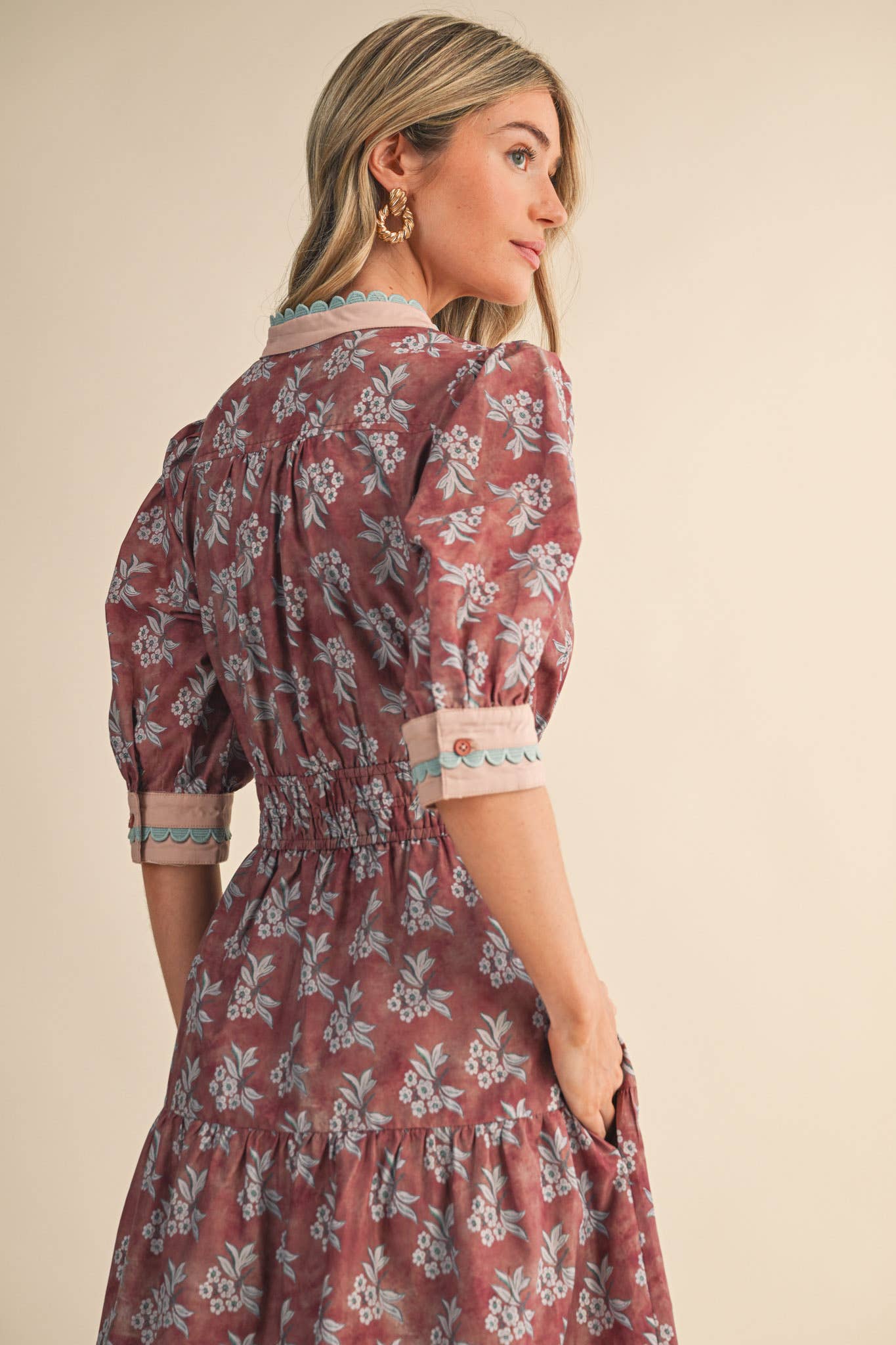 CONTRAST BINDING MIDI DRESS: MAUVE FLORAL