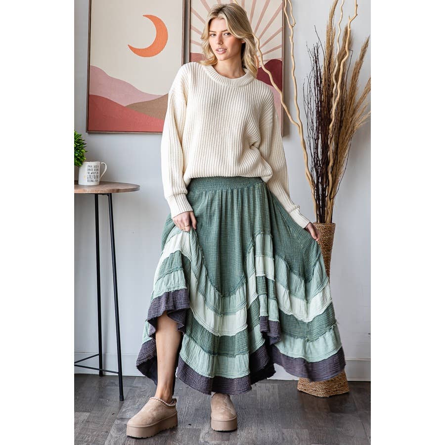 TIERED FLARE HEM SKIRT: SAGE