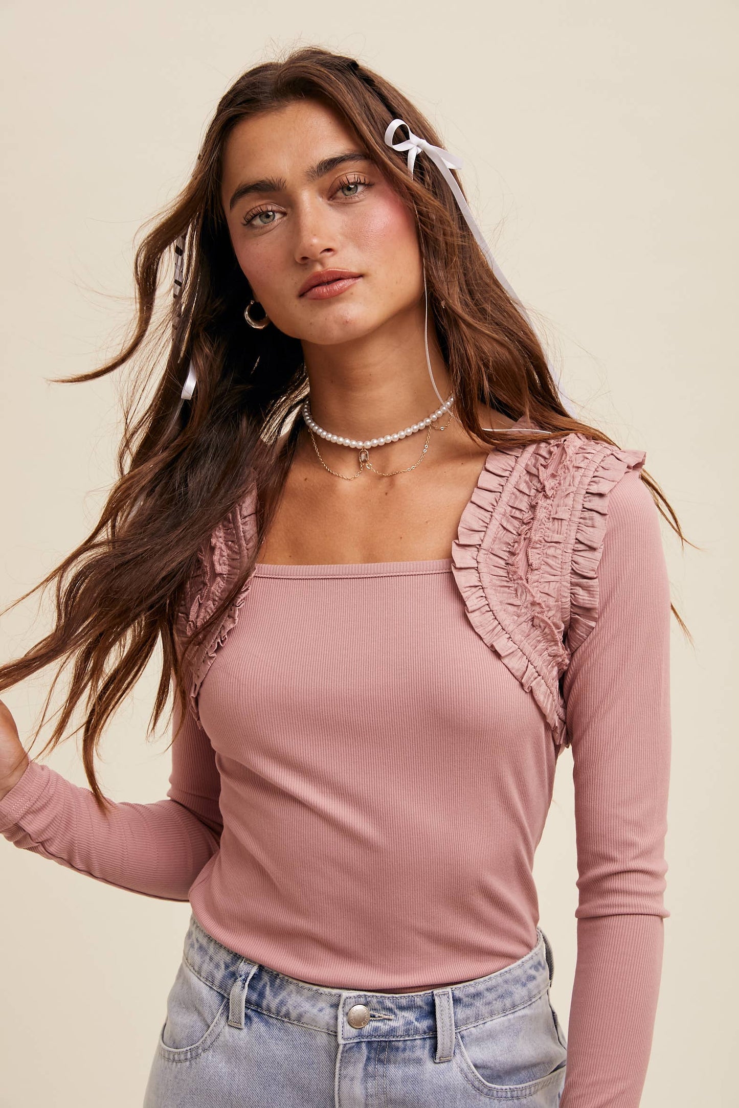 Square Neck Ruffle Accent Top: Dusty Rose