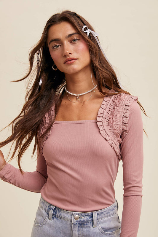 Square Neck Ruffle Accent Top: Dusty Rose