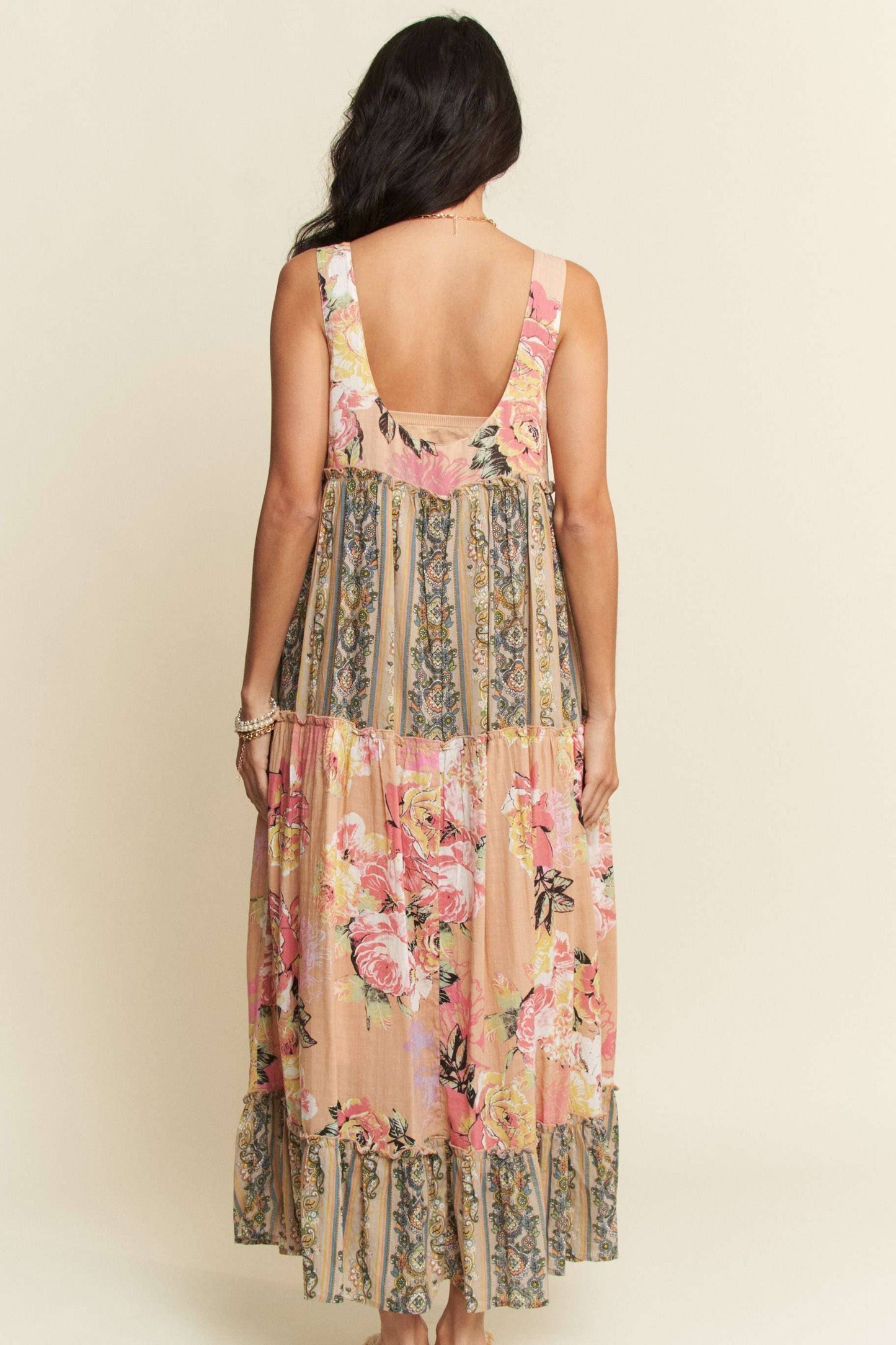 FLORAL BOHO STRIPE DRESS: PINK BEIGE - PLUS ONLY