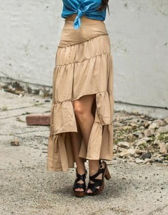 Tan High-Low Ruffle Skirt