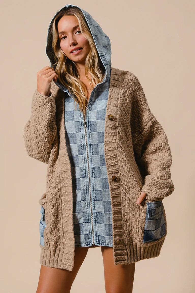 CHECKER DENIM ZIP UP SWEATER CARDIGAN