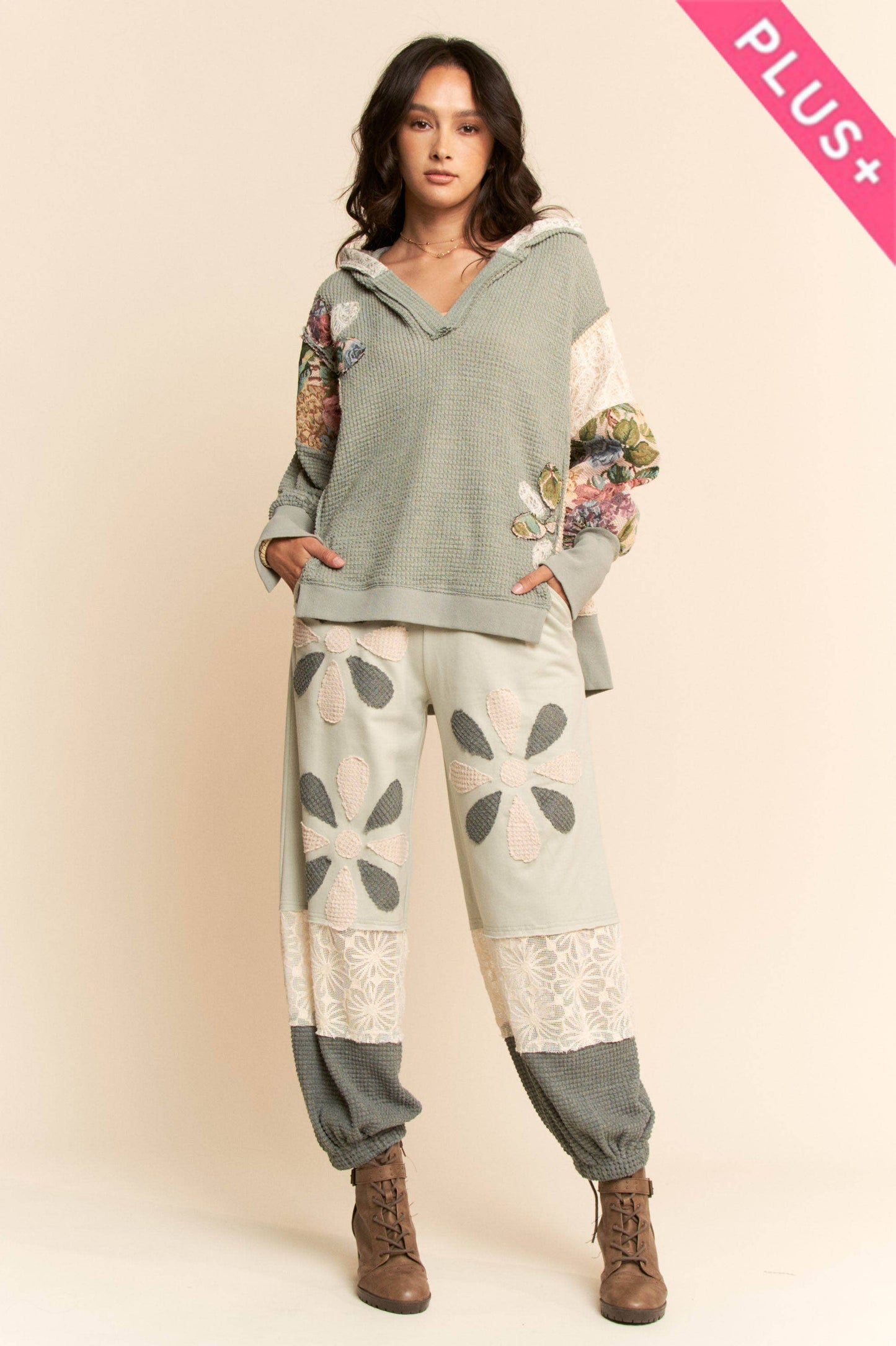 PLUS WAFFLE KNIT PATCHWORK HOODIE