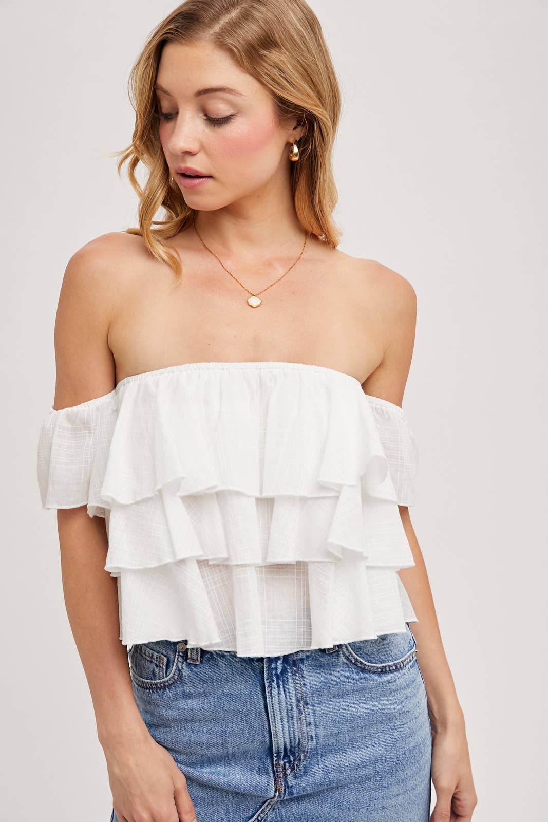OFF-THE-SHOULDER TIERED CROP TOP