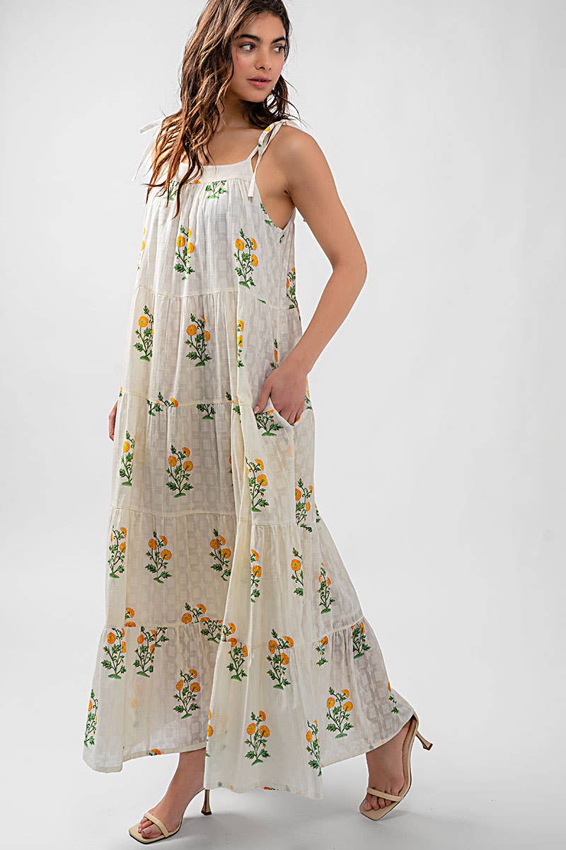 Romantic Tiered Floral Cotton Maxi Dress
