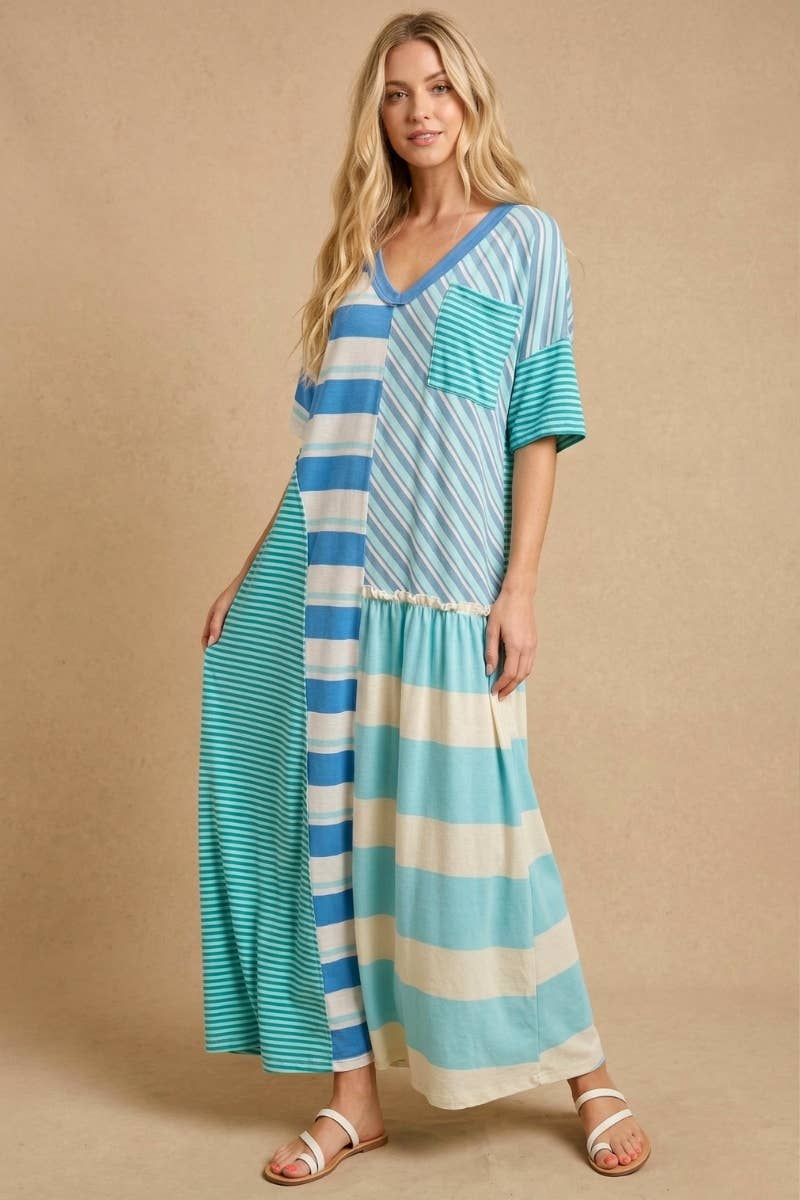 Mixed-Stripe Patchwork Maxi Dress: Sky Blue Multi