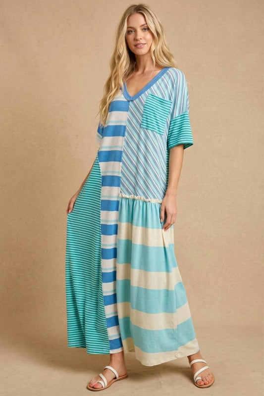 Mixed-Stripe Patchwork Maxi Dress: Sky Blue Multi