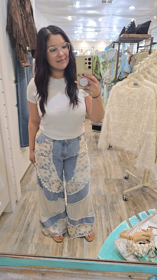 Floral print crochet contrast casual jeans