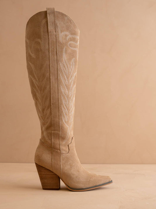 Knee High Cowboy Western Boots: Almond