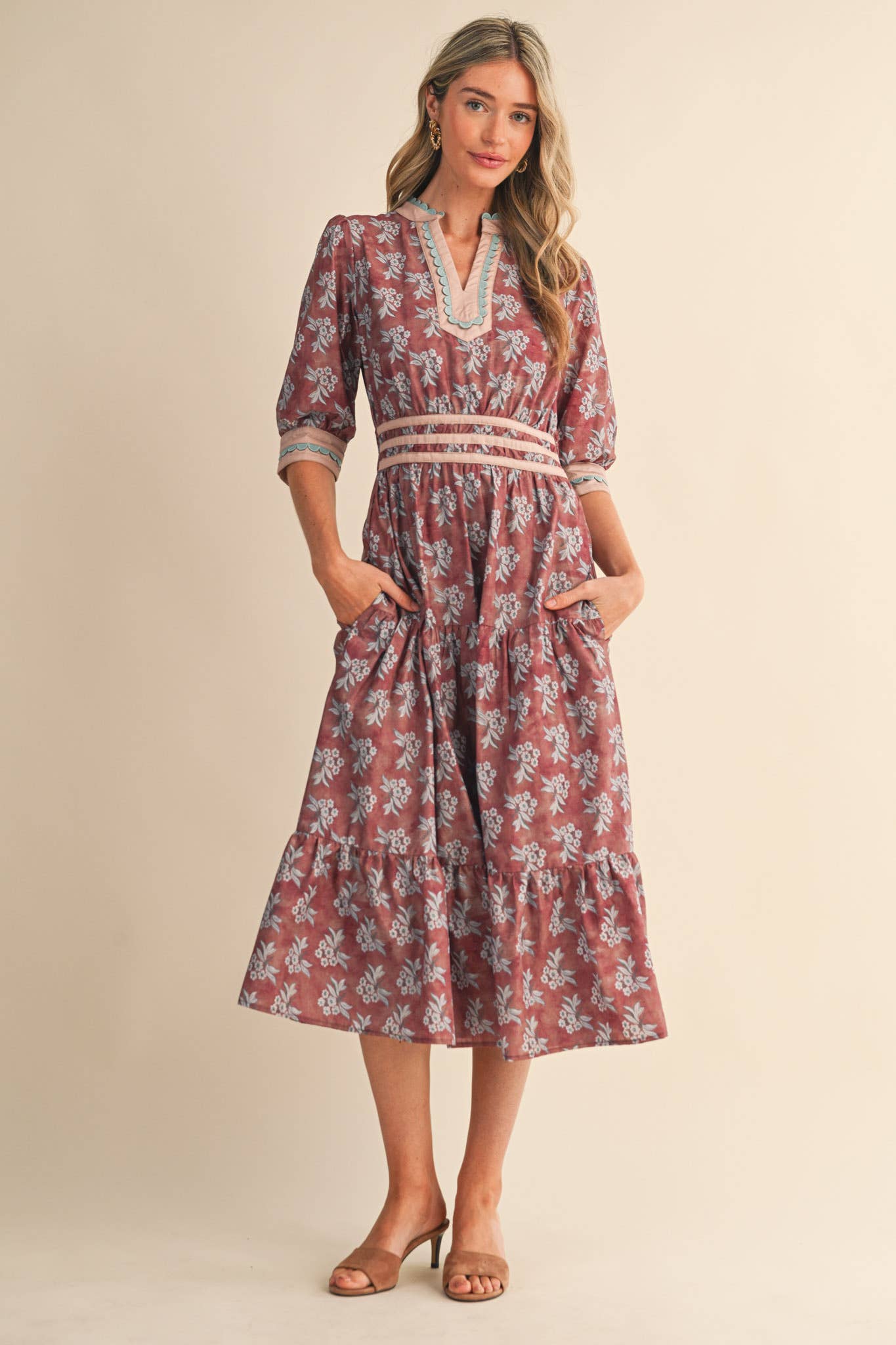 CONTRAST BINDING MIDI DRESS: MAUVE FLORAL