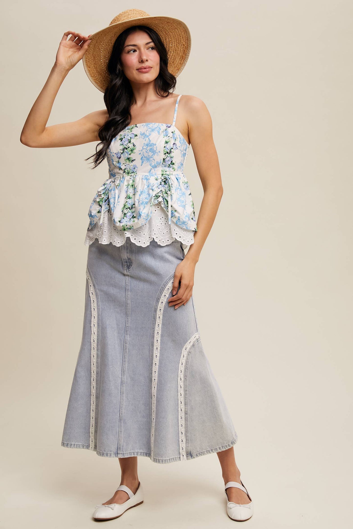 Floral Peplum Top with Eyelet Hem: Blue
