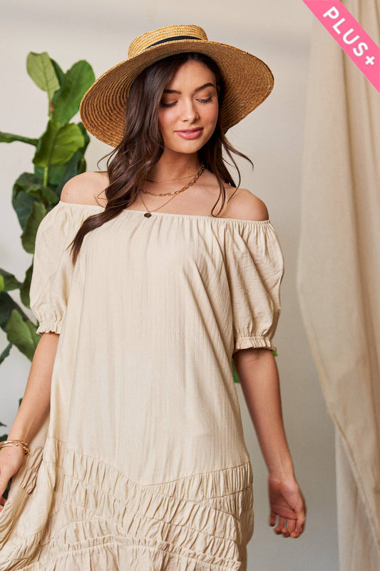 PLUS PUFF SLEEVE DRESS: Natural