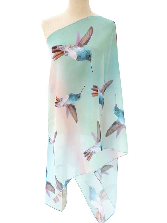 Aqua-Multi Watercolor Hummingbird Scarf