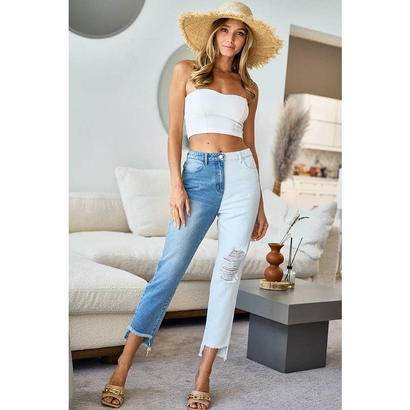 Distressed Two Tone Block Jean