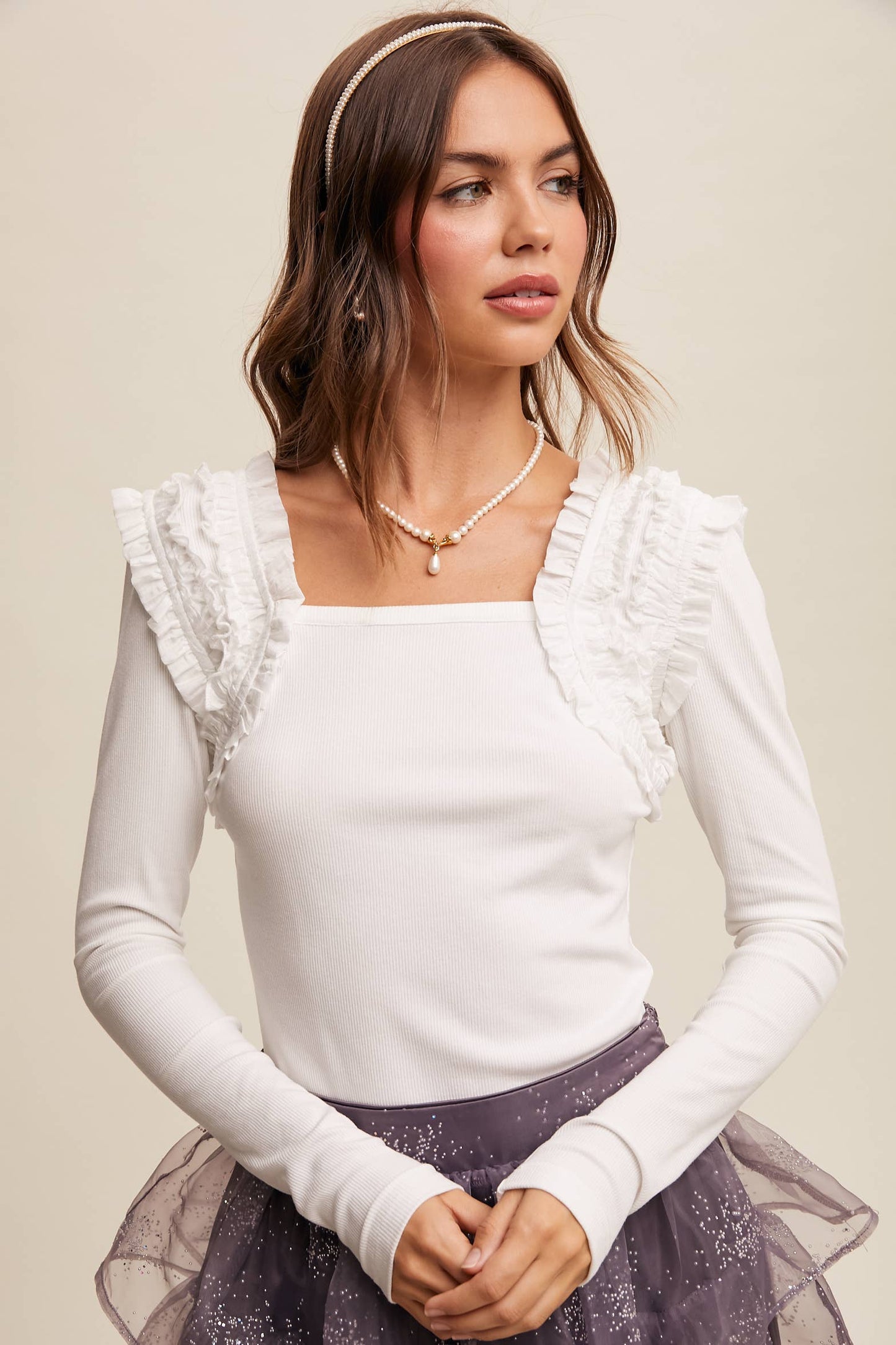 Square Neck Ruffle Accent Top: White