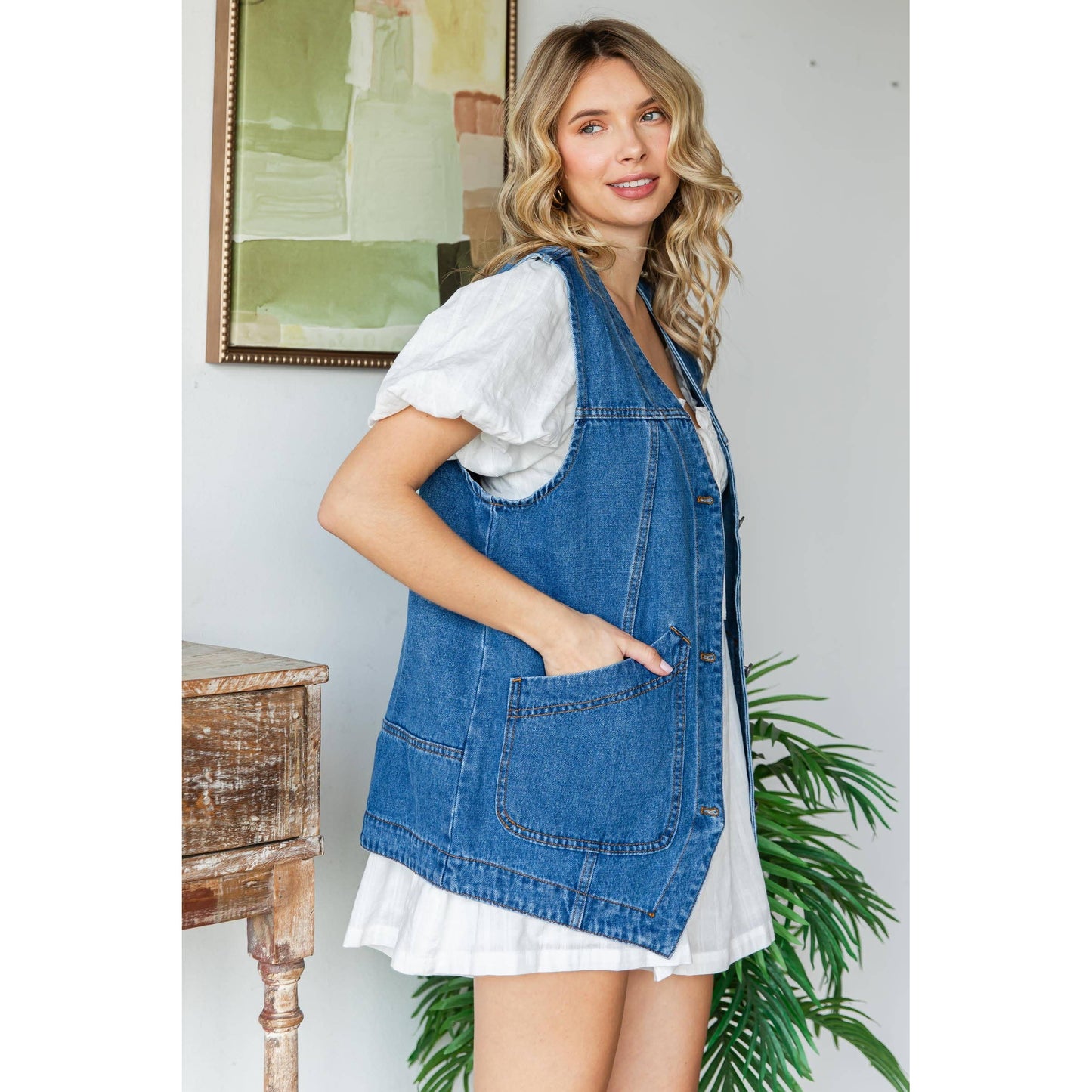 Long Denim Vest with Pockets