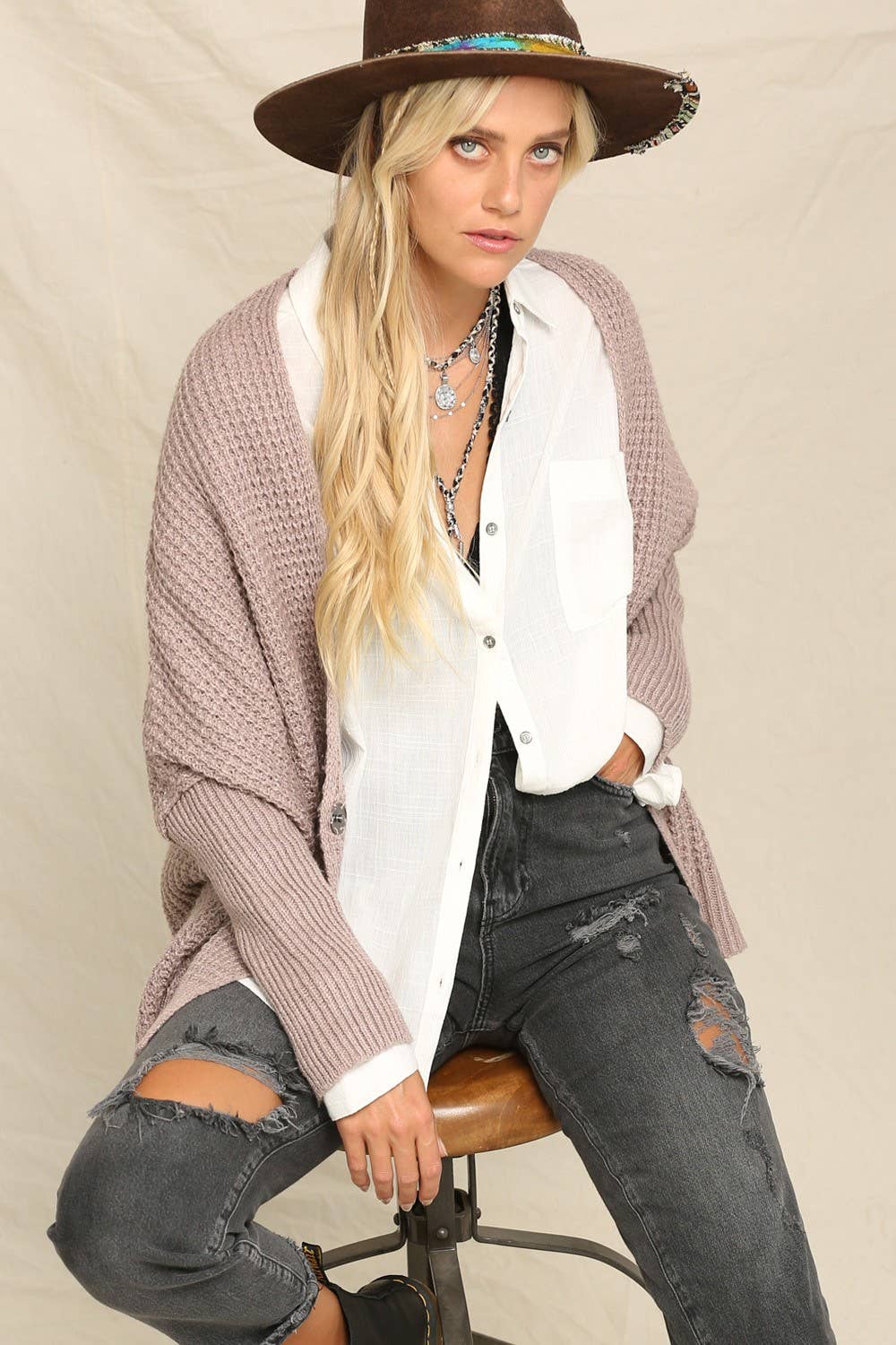 Versatile Waffle-Stitch Open Front Cardigan: Mocha