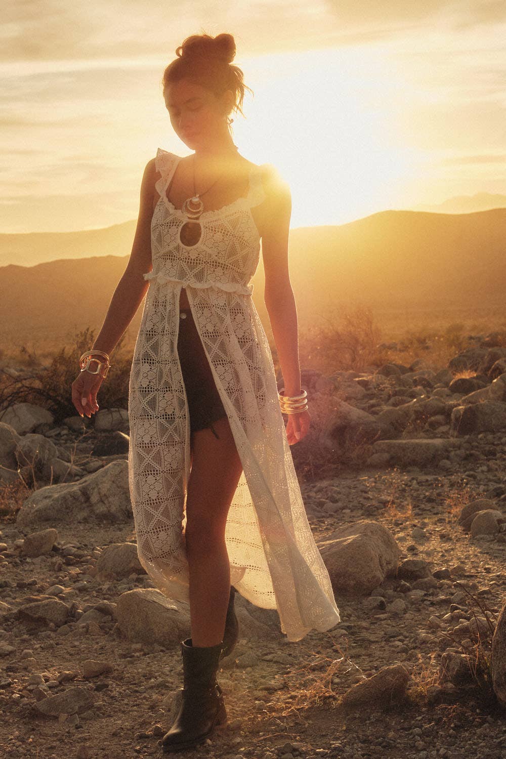 Crochet Lace Layering Midi Dress: Off White
