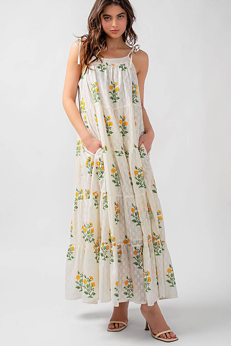 Romantic Tiered Floral Cotton Maxi Dress