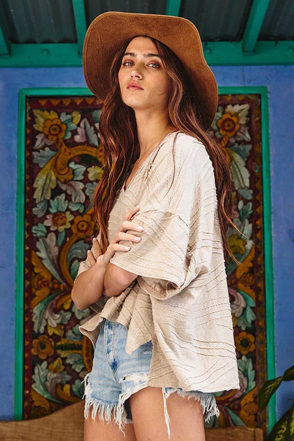 Oversized Solid Textured Knit Top: Taupe