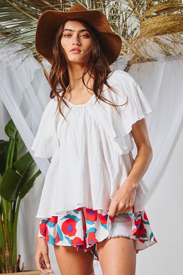 Open Back Pleated Solid Top: IVORY