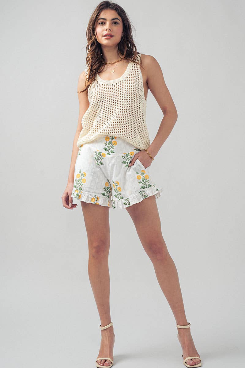Yellow Floral Print Ruffle Shorts
