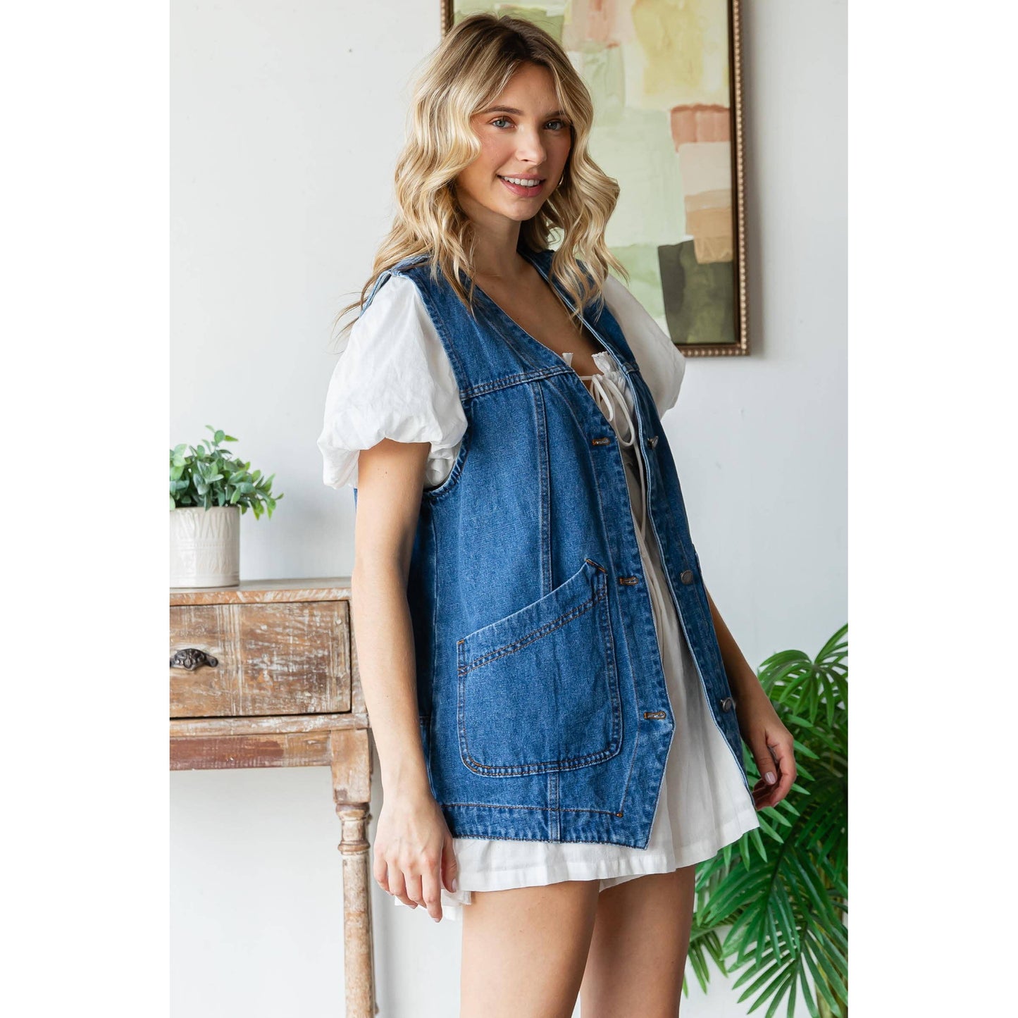 Long Denim Vest with Pockets