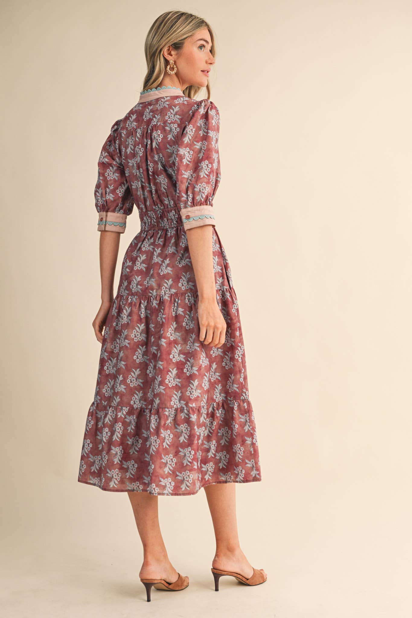 CONTRAST BINDING MIDI DRESS: MAUVE FLORAL