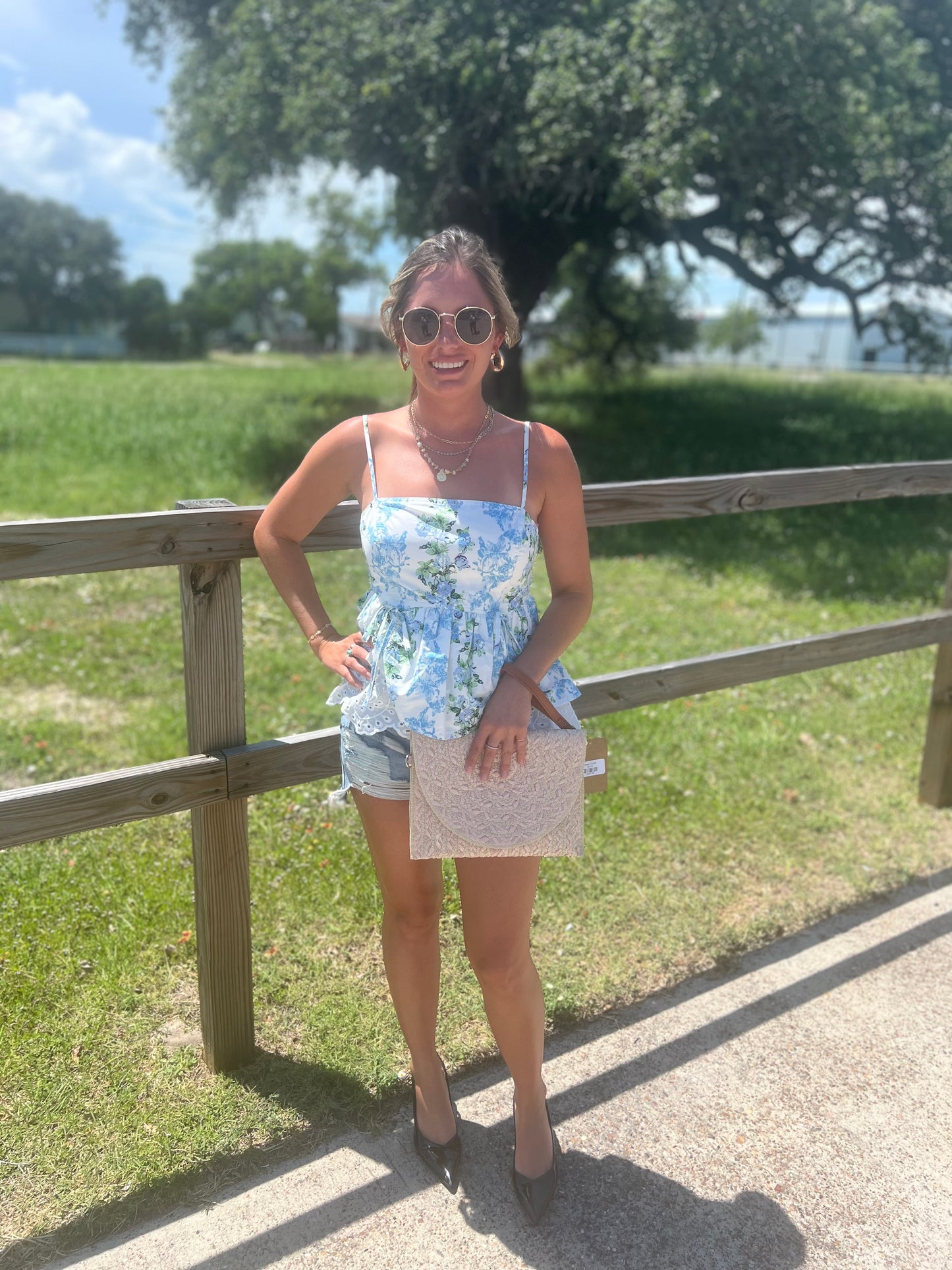 Floral Peplum Top with Eyelet Hem: Blue