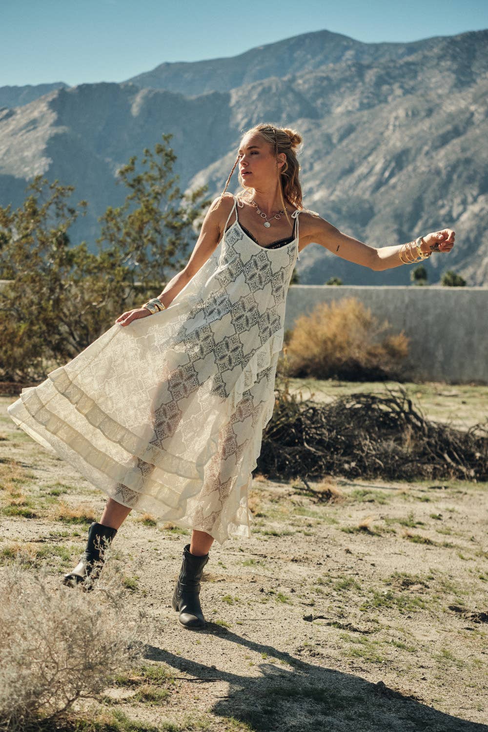 Sheer Lace Layering Midi Dress: Cream