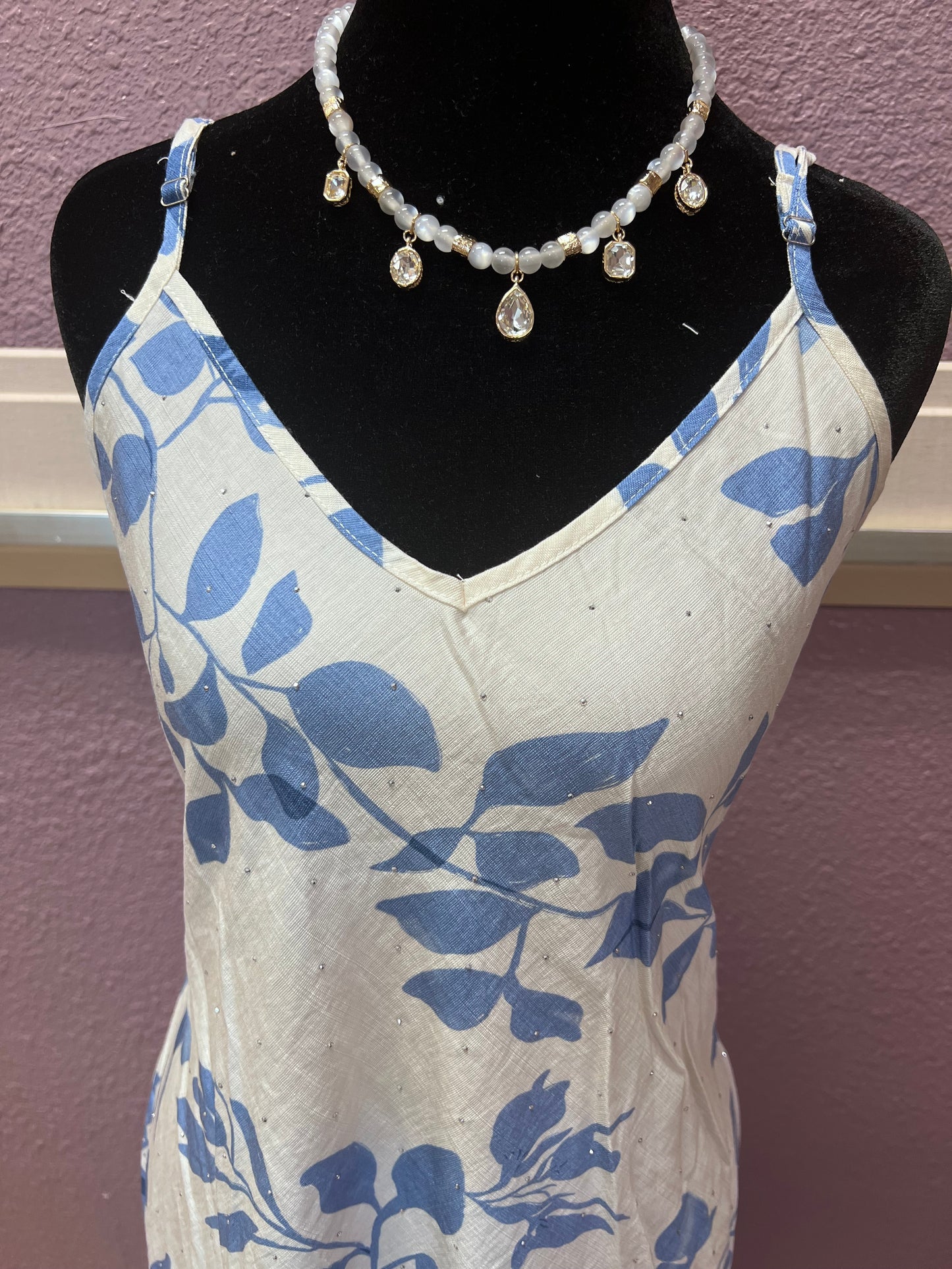 Sparkle Leaf Print Maxi Dress - Blue