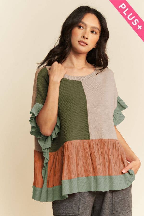 PLUS SWEATER MIX PATCHWORK TEXTURED RUFFLE TOP