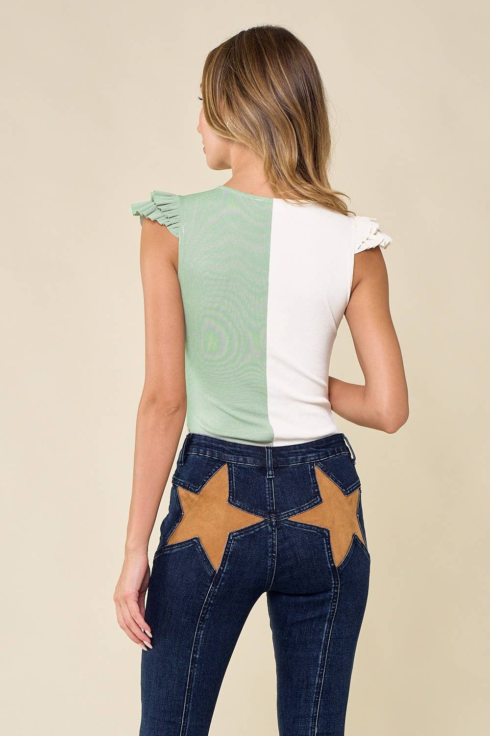 COLOR BLOCK RUFFLED BODYSUIT