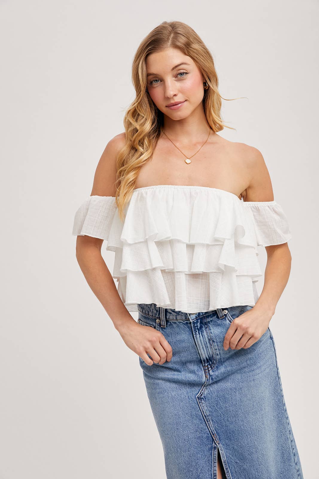 OFF-THE-SHOULDER TIERED CROP TOP