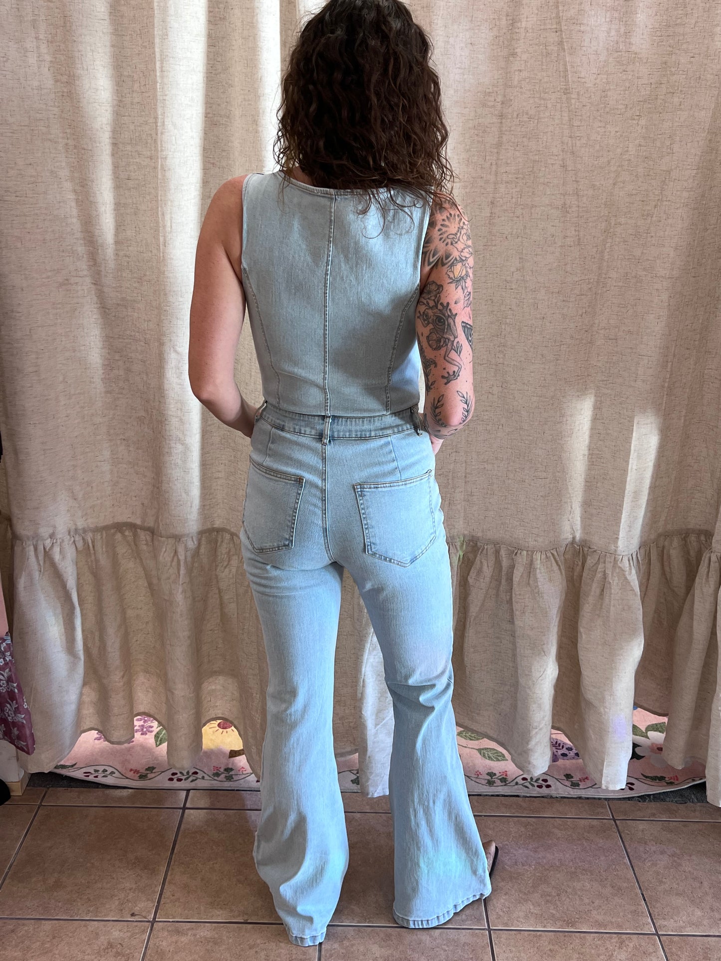 Boho Cut Out Bootcut Denim Jumpsuit
