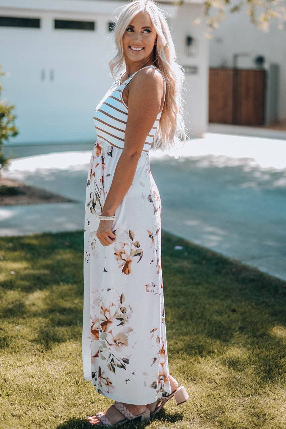 Striped Floral Print Maxi Dress